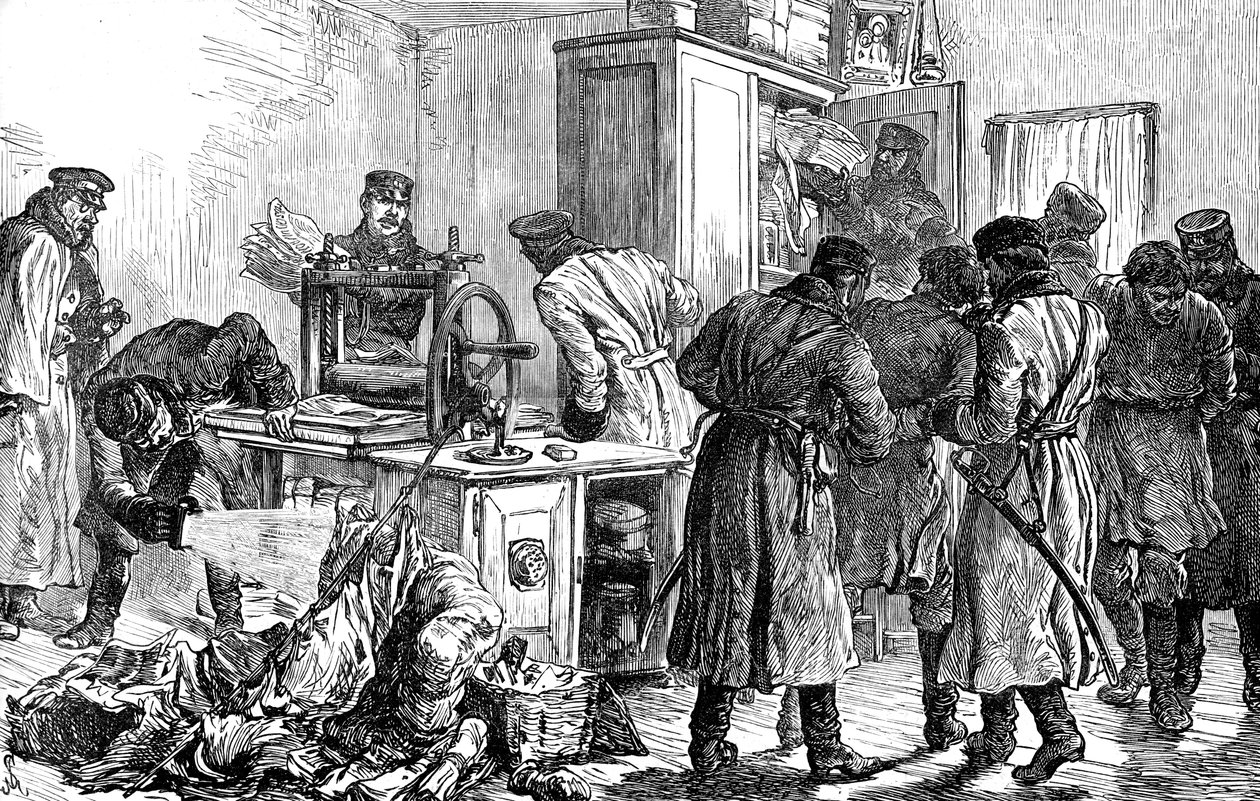 Policie objevila nihilistickou tiskárnu, Petrohrad, Rusko, 1887 od Unbekannt