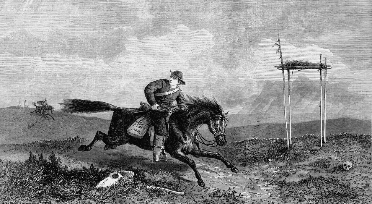 Jezdec Pony Express křižující nepřátelskou zemi pronásledovanou původními Američany, 1861 od Unbekannt