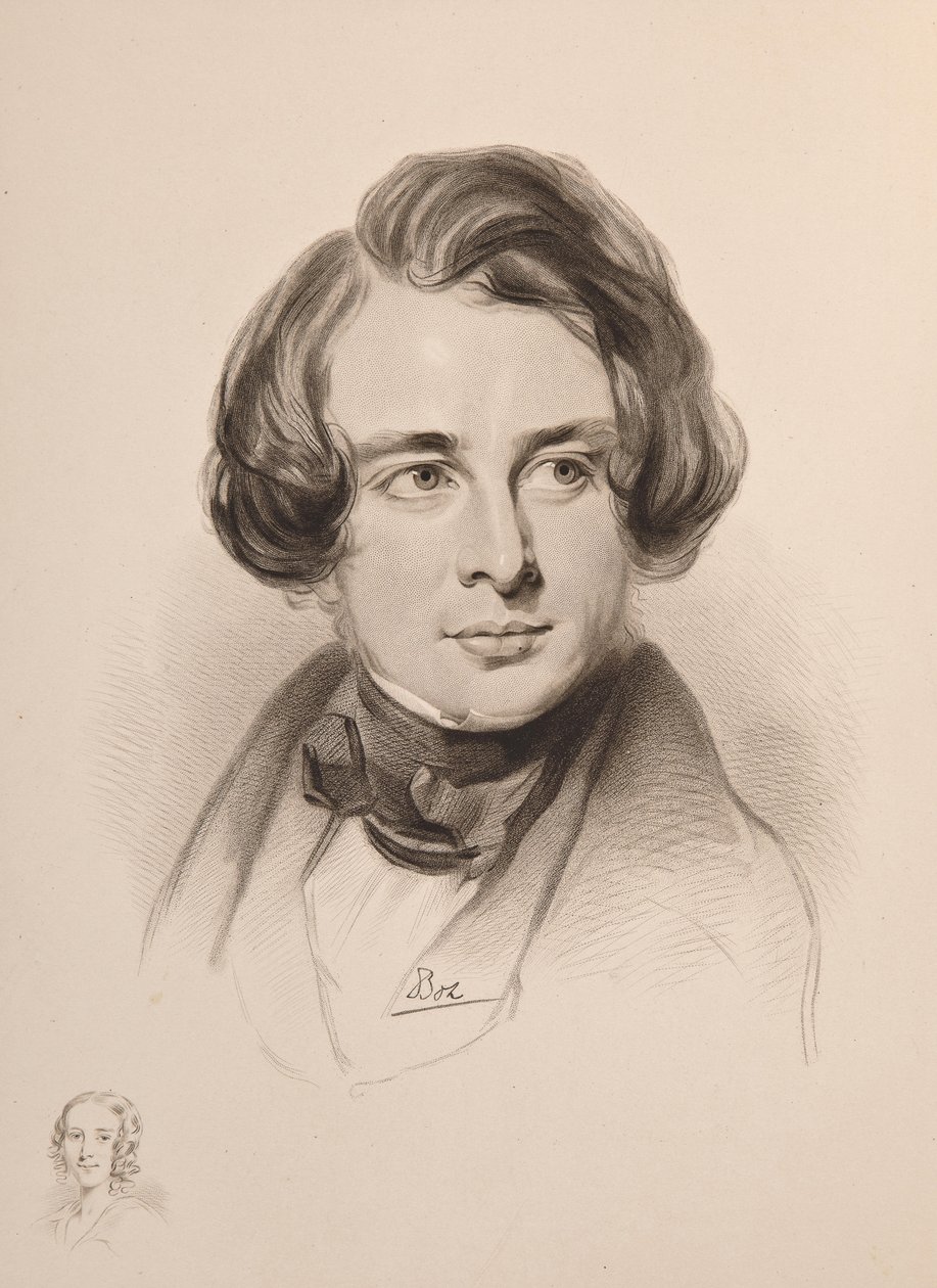 Portrét Charlese Dickense. Náčrt Dickensovy sestry Fanny, vlevo dole, 1842. od Unbekannt