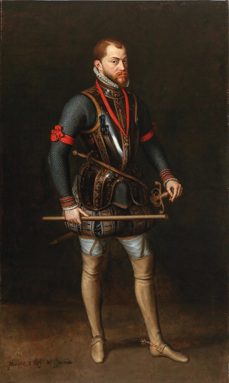 Portrét Filipa II. 1527-1598, španělského krále, v brnění a s Řádem zlatého rouna. od Unbekannt