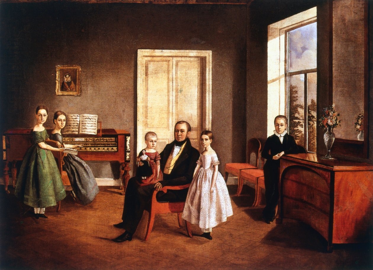 Portrét rodiny v interiéru, Rus, c1840 od Unbekannt