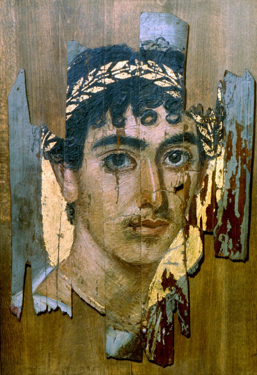 Portrét mladíka ve zlatém věnci, portrét mumie Fayum, římsko-egyptský, začátek 2. století od Unbekannt