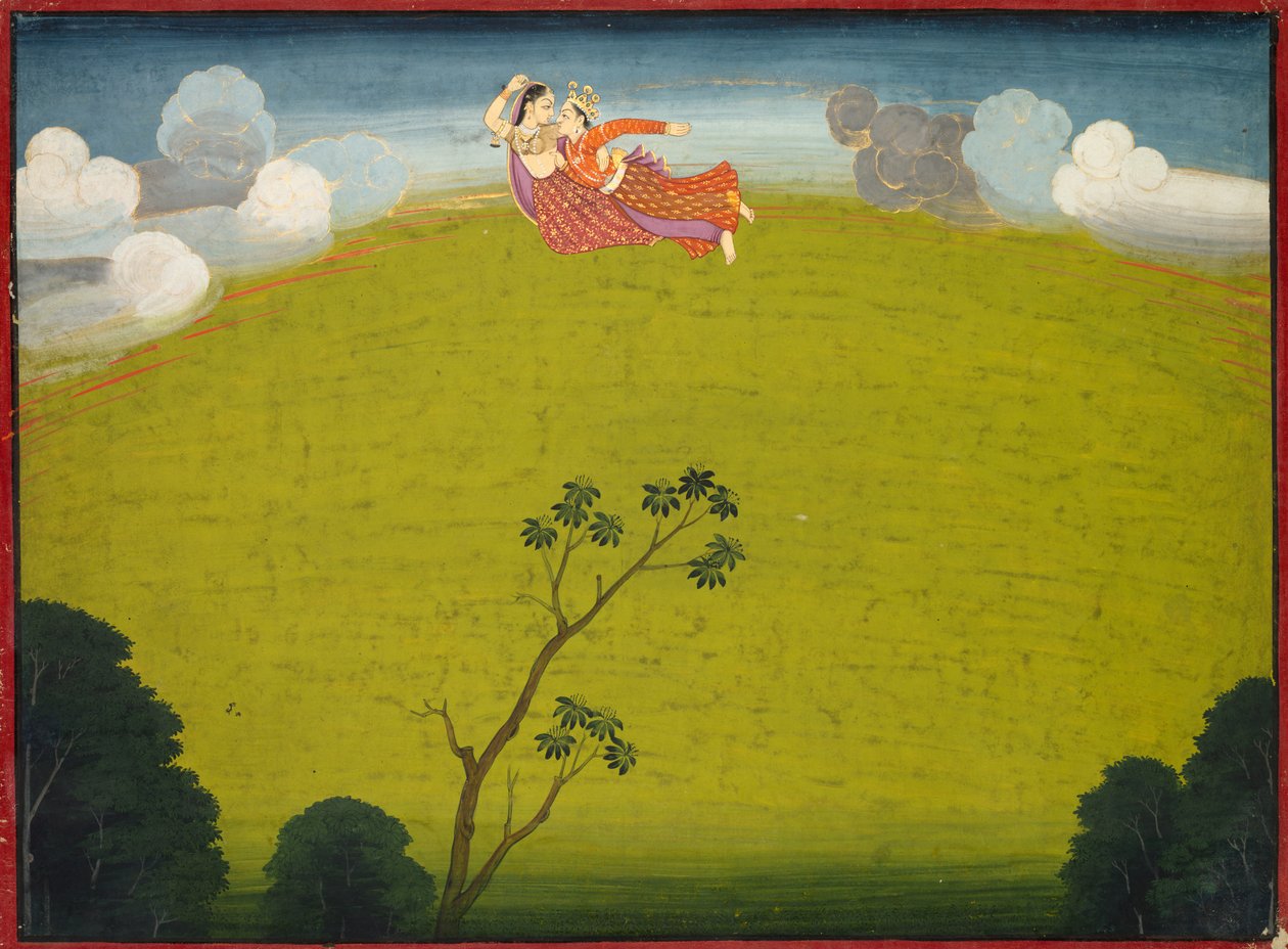 Pradyumna a Mayawati létají do Dwarky z Velké Basohli Bhagavata Purana, cca. 1760-1765. od Unbekannt