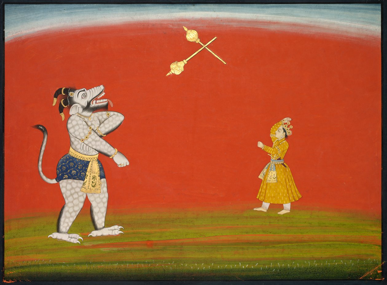 Pradyumna a Samvara bojují s palcáty: List z Velké Basohli Bhagavata Purana, c. 1760-1765 od Unbekannt