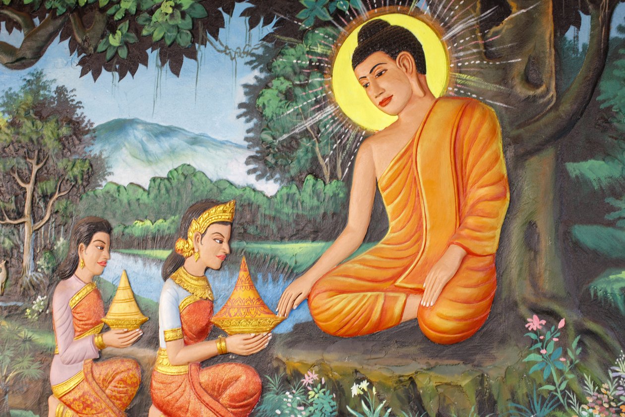 Klášter Preah Prom RathŽivot BuddhyOdříkání Jednoho rána dívka jménem Sujata nabídla Siddharthovi lahodnou mléčnou rýžovou kaši, Siem Reap, Kambodža od Unbekannt
