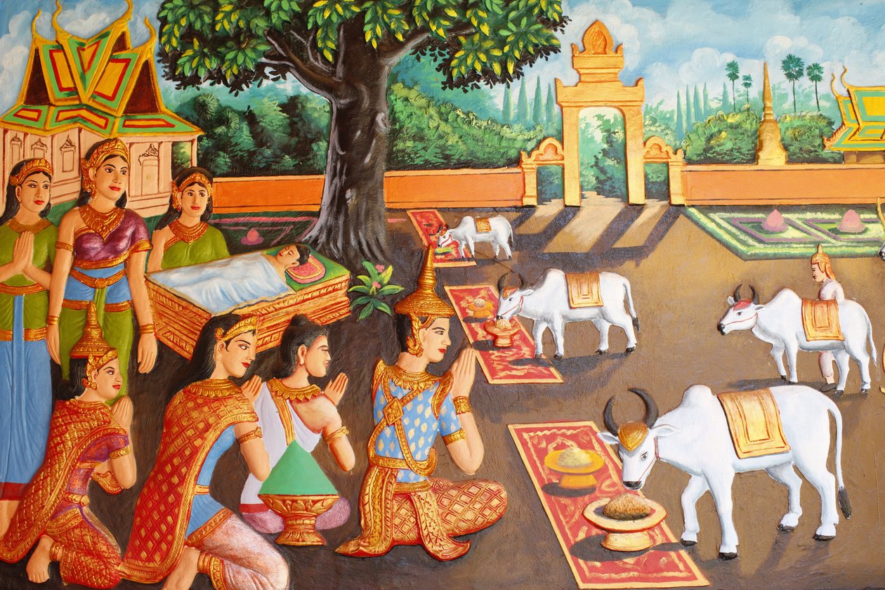 Klášter Preah Prom Rath Život Buddhy Mladý Siddhartha Gautama a jeho matka během farmářského festivalu, Siem Reap, Kambodža od Unbekannt