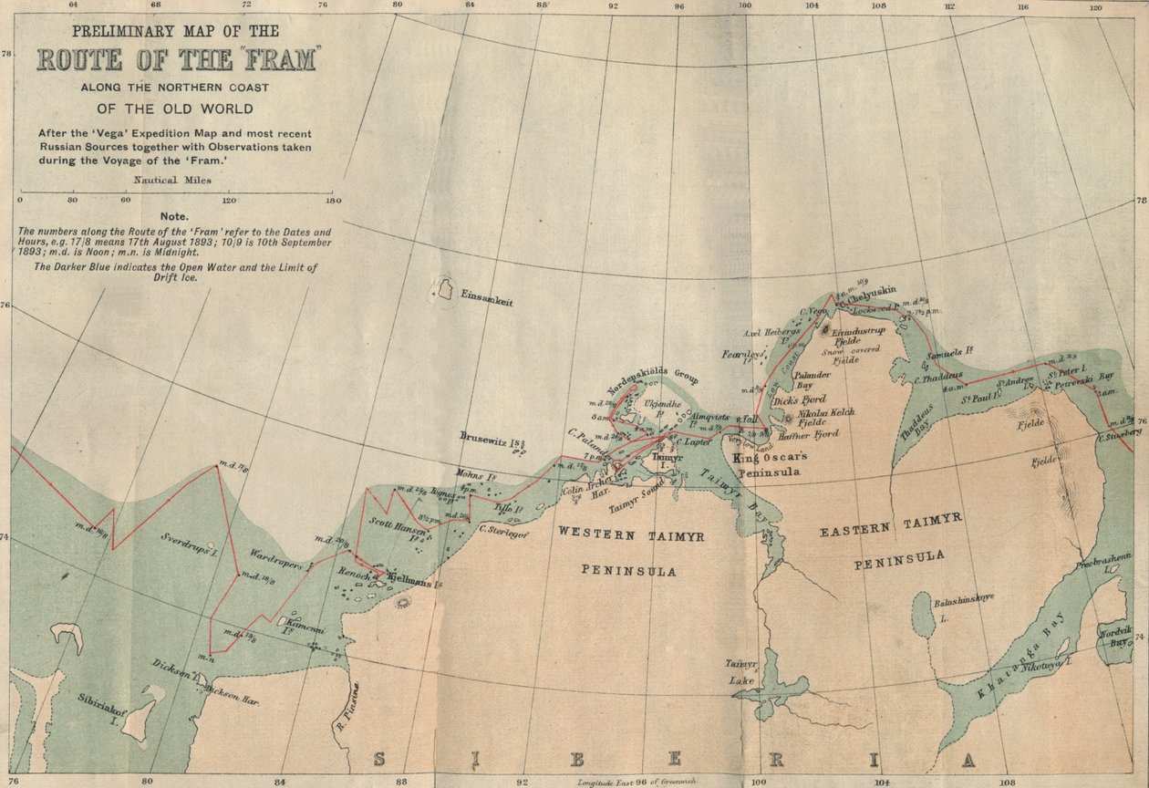 Předběžná mapa trasy Framu podél severního pobřeží Starého světa, c1893-1896, 1897. od Unbekannt