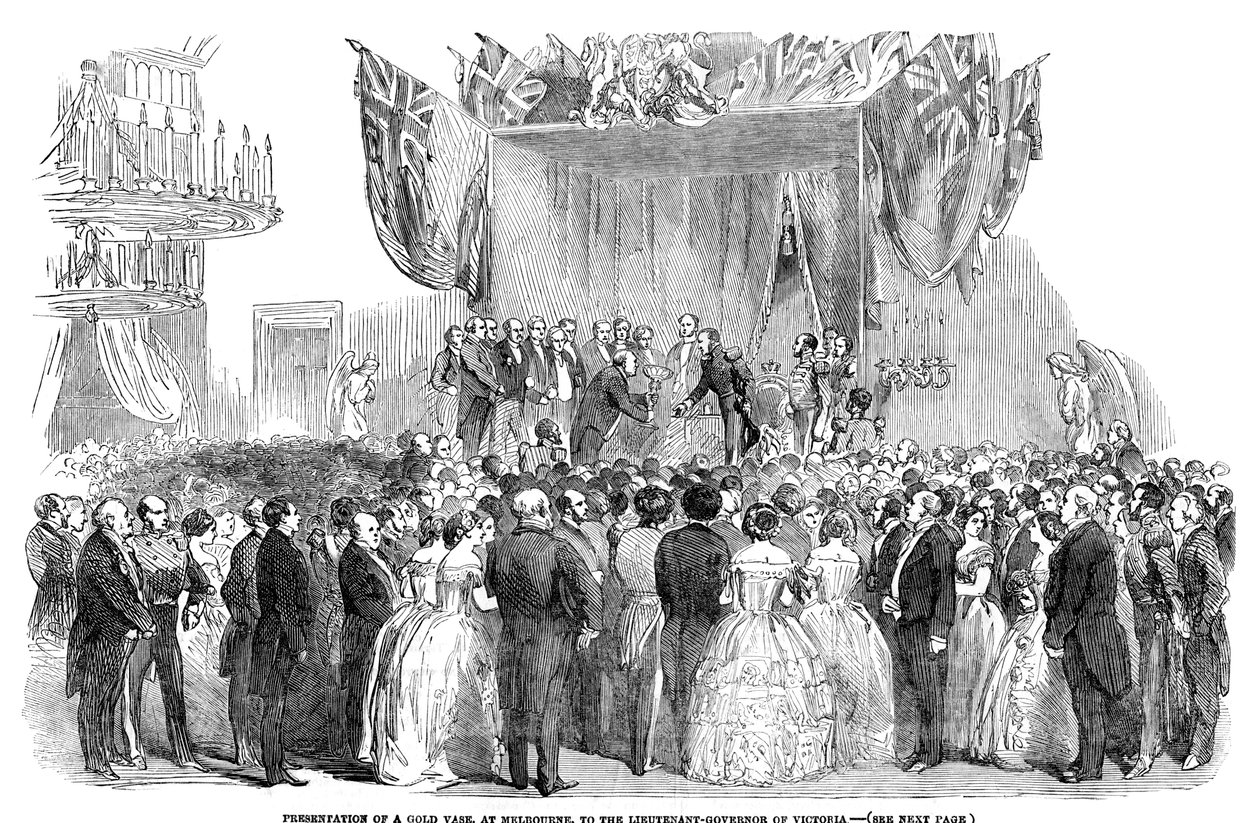 Prezentace zlaté vázy, v Melbourne, nadporučíkovi guvernérovi Victorie, 1854 od Unbekannt