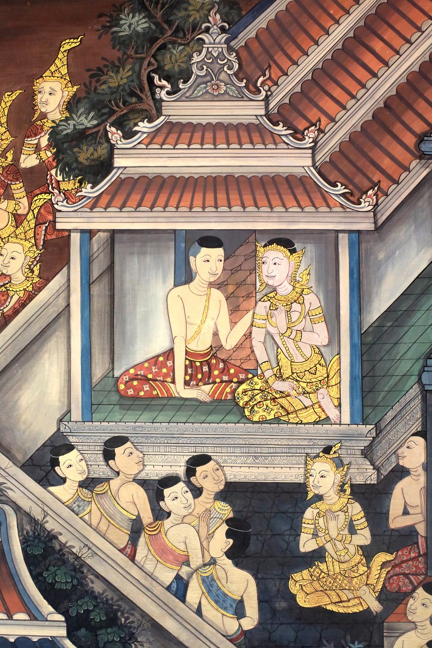Princ Ráma a Síta. Detail nástěnné malby na vnitřních stěnách Vihary z doby krále Rámy III zobrazující Rámakien. Wat Pho - Wat Phra Chetuphon. 1788. Bangkok. Thajsko od Unbekannt