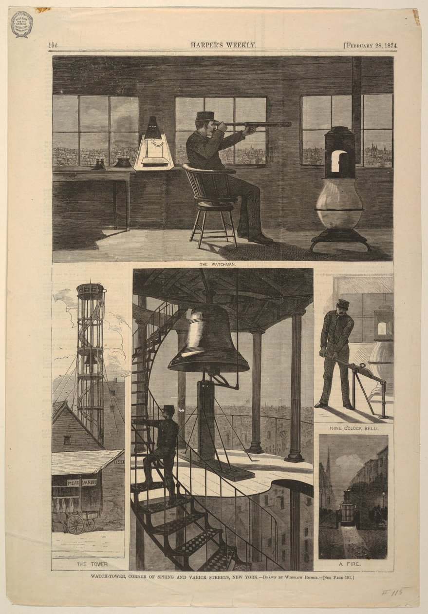 Print, Watch-tower, Corner of Spring and Varick Streets, New York, 28. února 1874 od Unbekannt