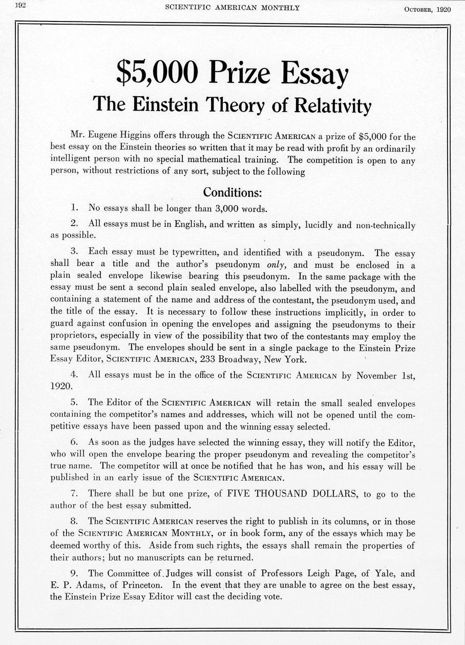 Cena nabízená v Scientific American, říjen 1920, za esej o Einsteinově teorii relativity od Unbekannt