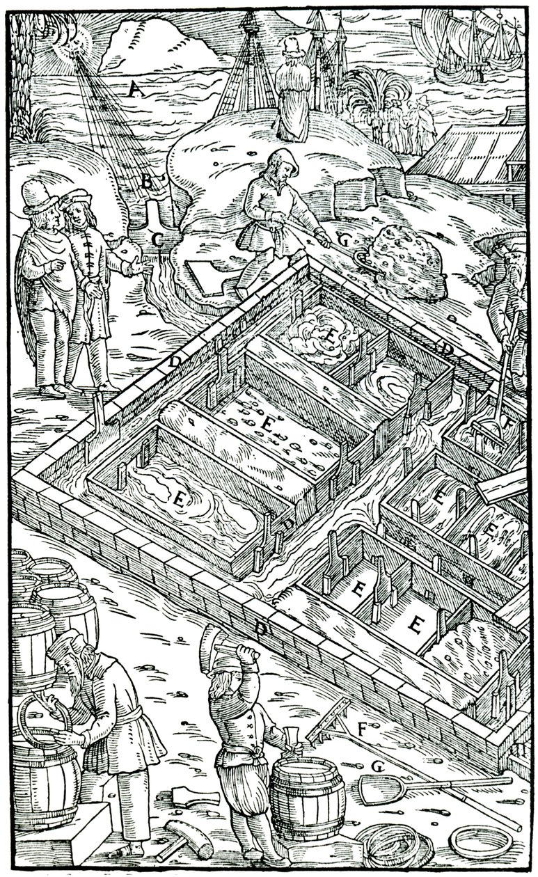 Výroba soli odpařováním mořské vody v solných pánvích, 1556 od Unbekannt