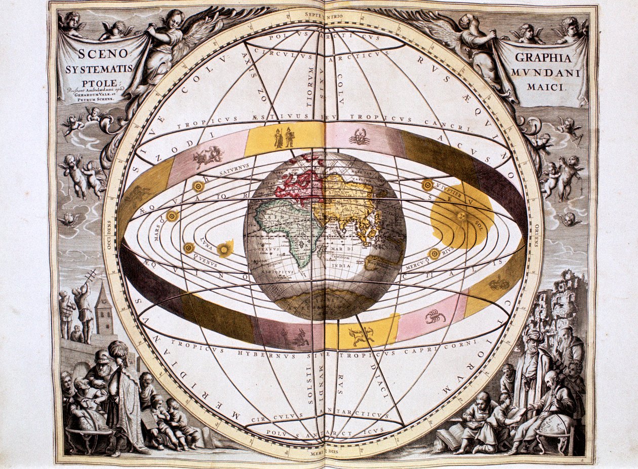 Ptolemaiovský geocentrický systém vesmíru zaměřený na Zemi, 1708 od Unbekannt