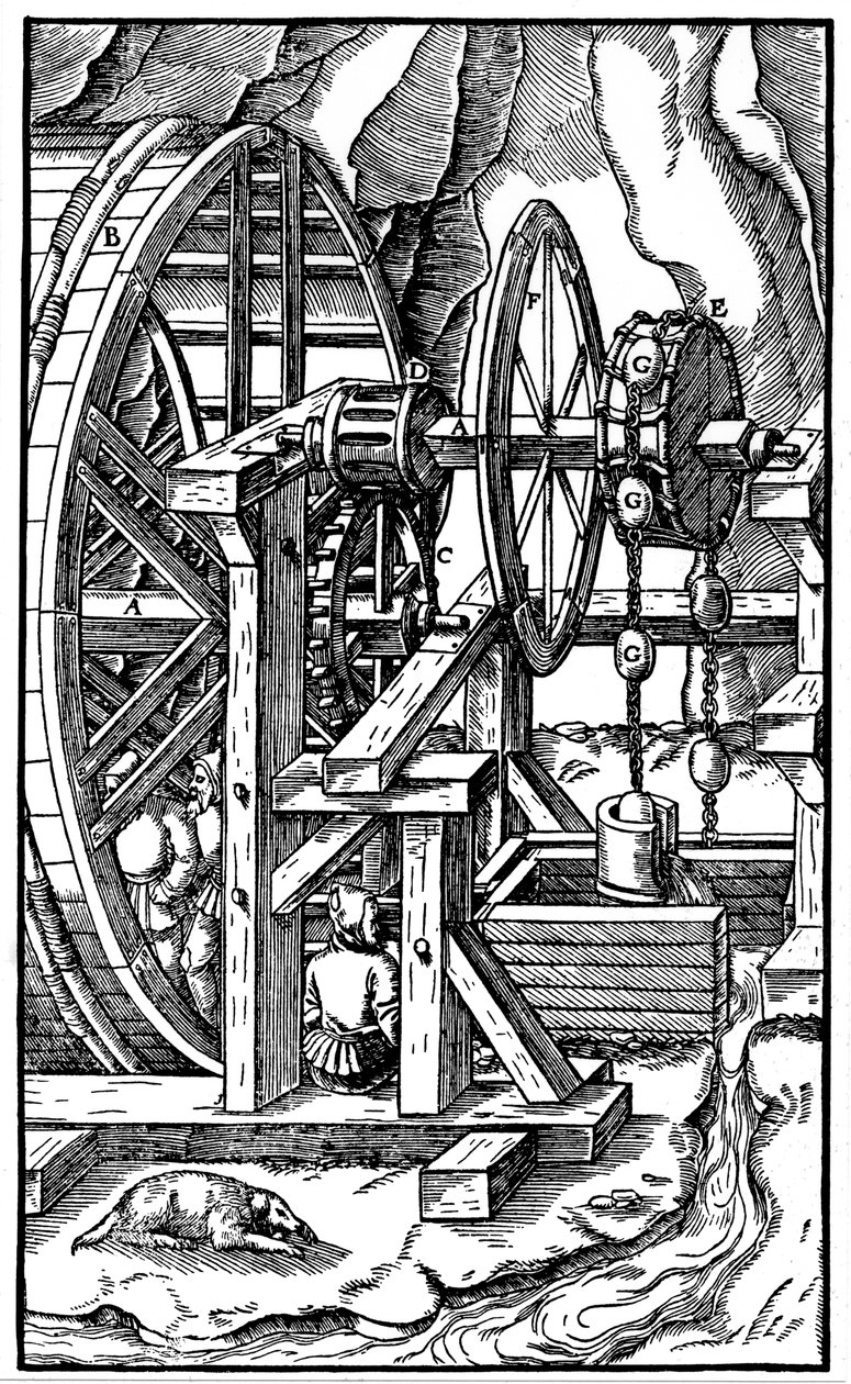 Pumpa poháněná muži na běžícím pásu, 1556 od Unbekannt