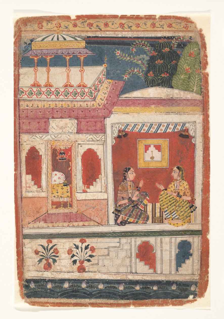 Radha a její důvěrník sedí v otevřené místnosti: Stránka z rozptýlené Rasikapriya, ca. 1680-90. od Unbekannt