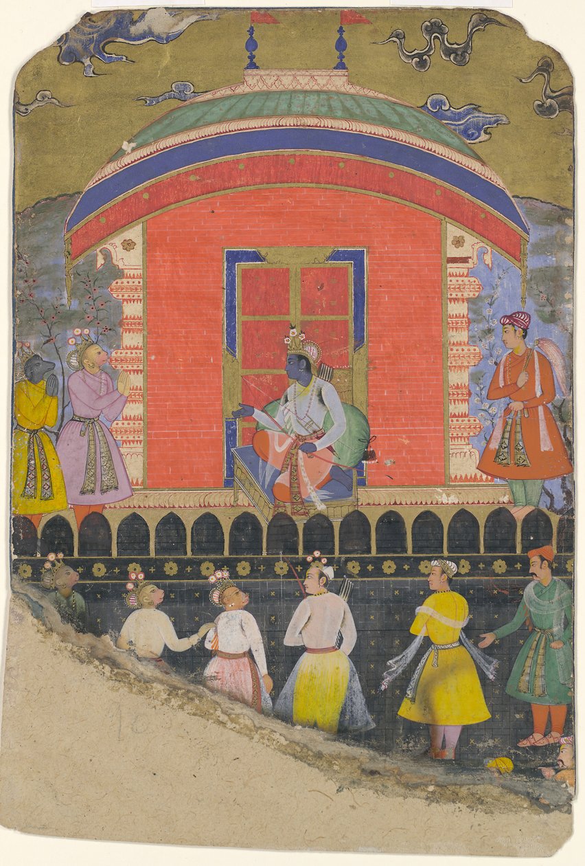 Ráma přijímá Sugrivu a Jambavat, opičí a medvědí krále, folio z..., ca. 1605. od Unbekannt