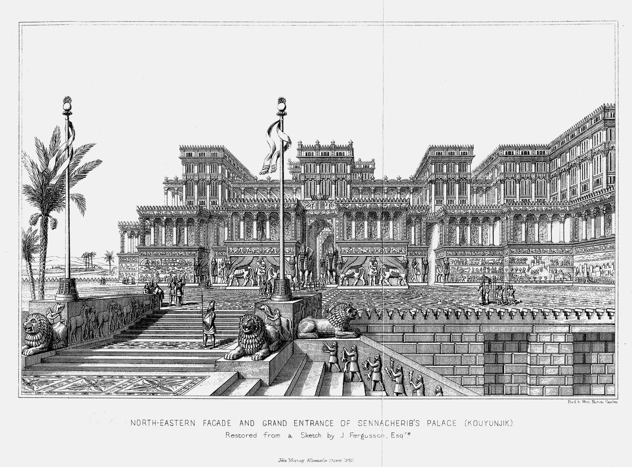 Rekonstrukce severovýchodní fasády paláce Sennacheribs Kouyunjik, Assyrian, 1853 od Unbekannt