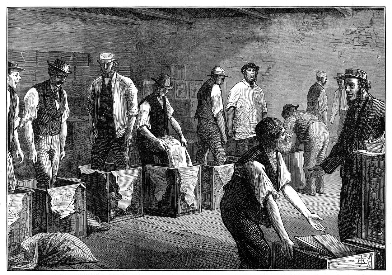 Plnění truhlic ve skladu čaje, 1874 od Unbekannt