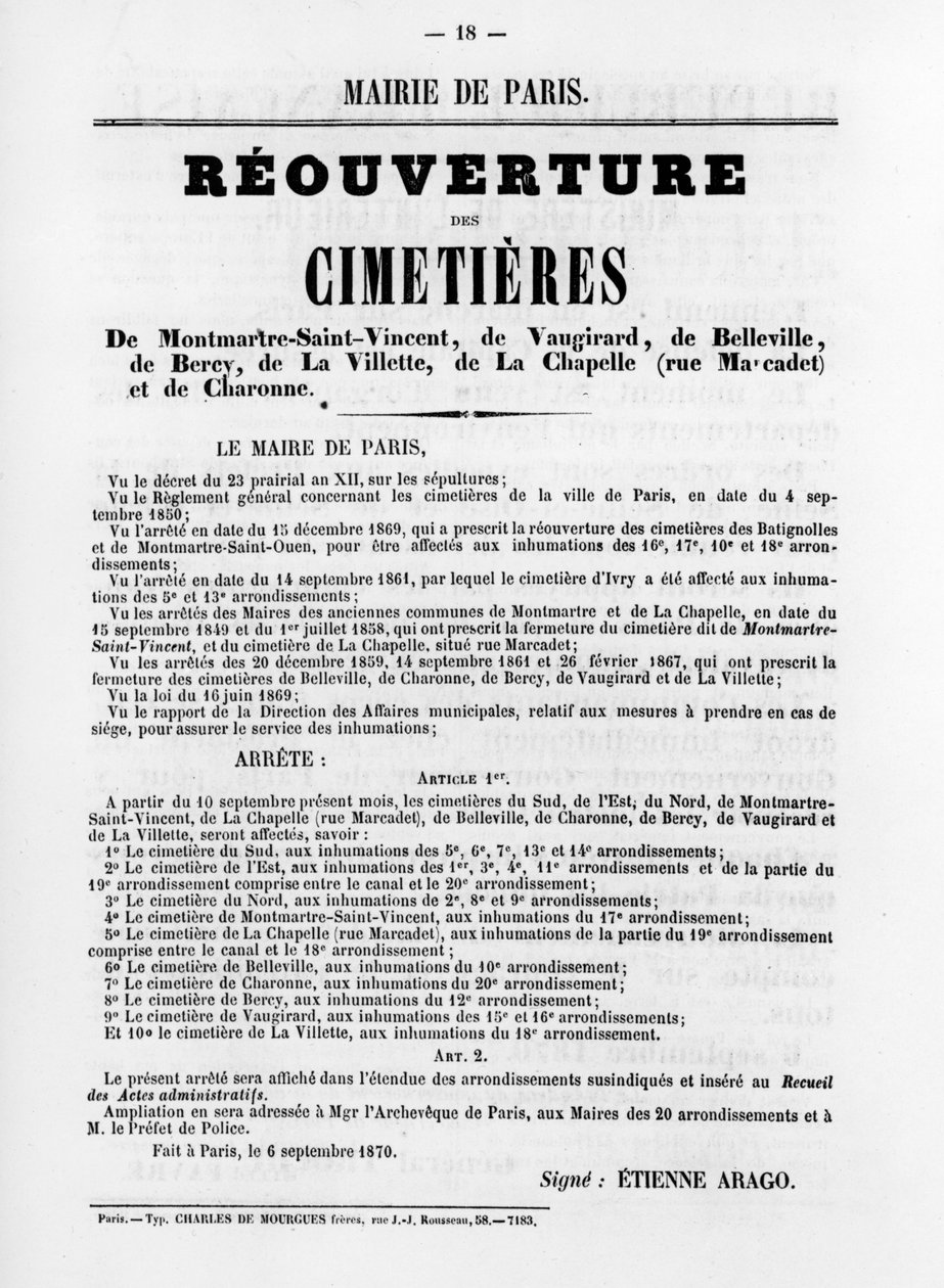 Reouverture des Cimetieres, z francouzských politických plakátů Pařížské komuny, květen 1871 od Unbekannt
