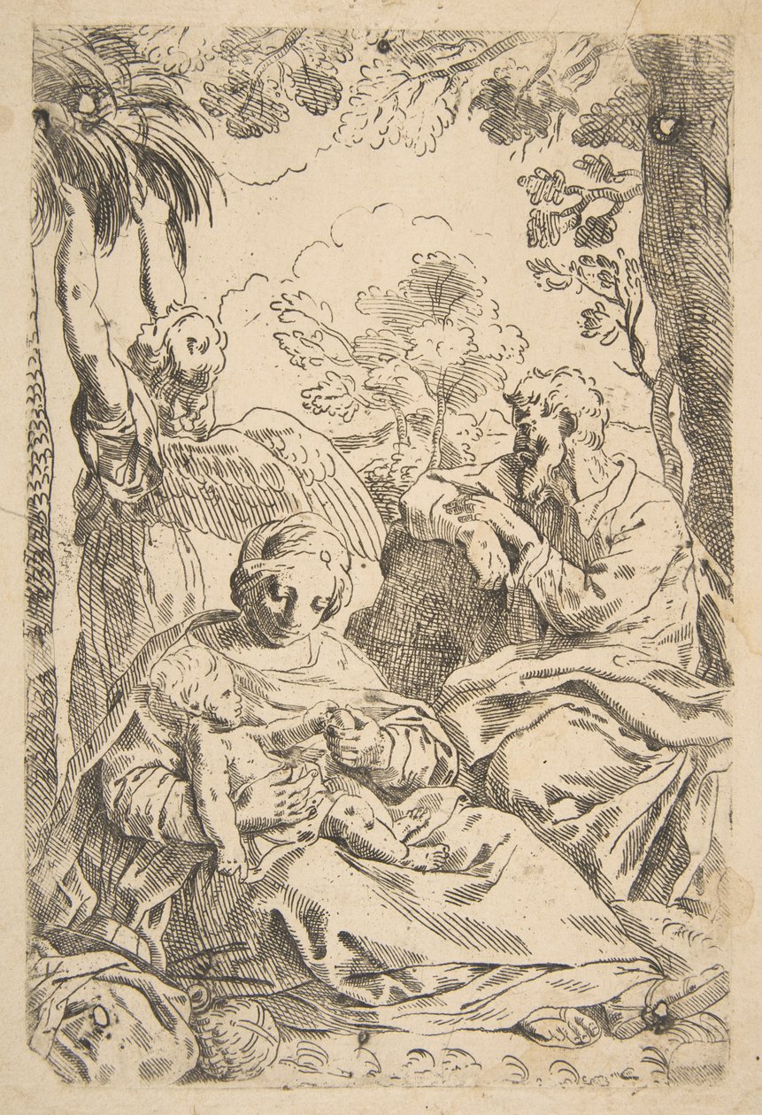 Odpočívej v Egyptě, Svatá rodina sedí, zatímco anděl tahá za větev stromu..., ca. 1637-1639 nebo později. od Unbekannt