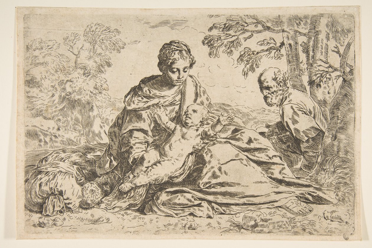 Odpočívej na útěku do Egypta, Marie drží malého Krista se svatým Josefem ..., asi 1640 nebo později. od Unbekannt