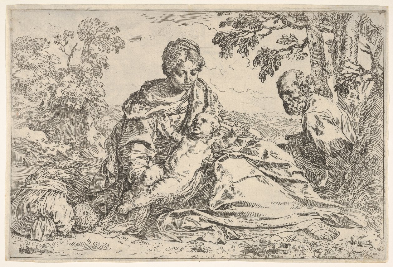Odpočívej na útěku do Egypta, Marie drží malého Krista se sv. Josefem..., ca. 1640 nebo později. od Unbekannt