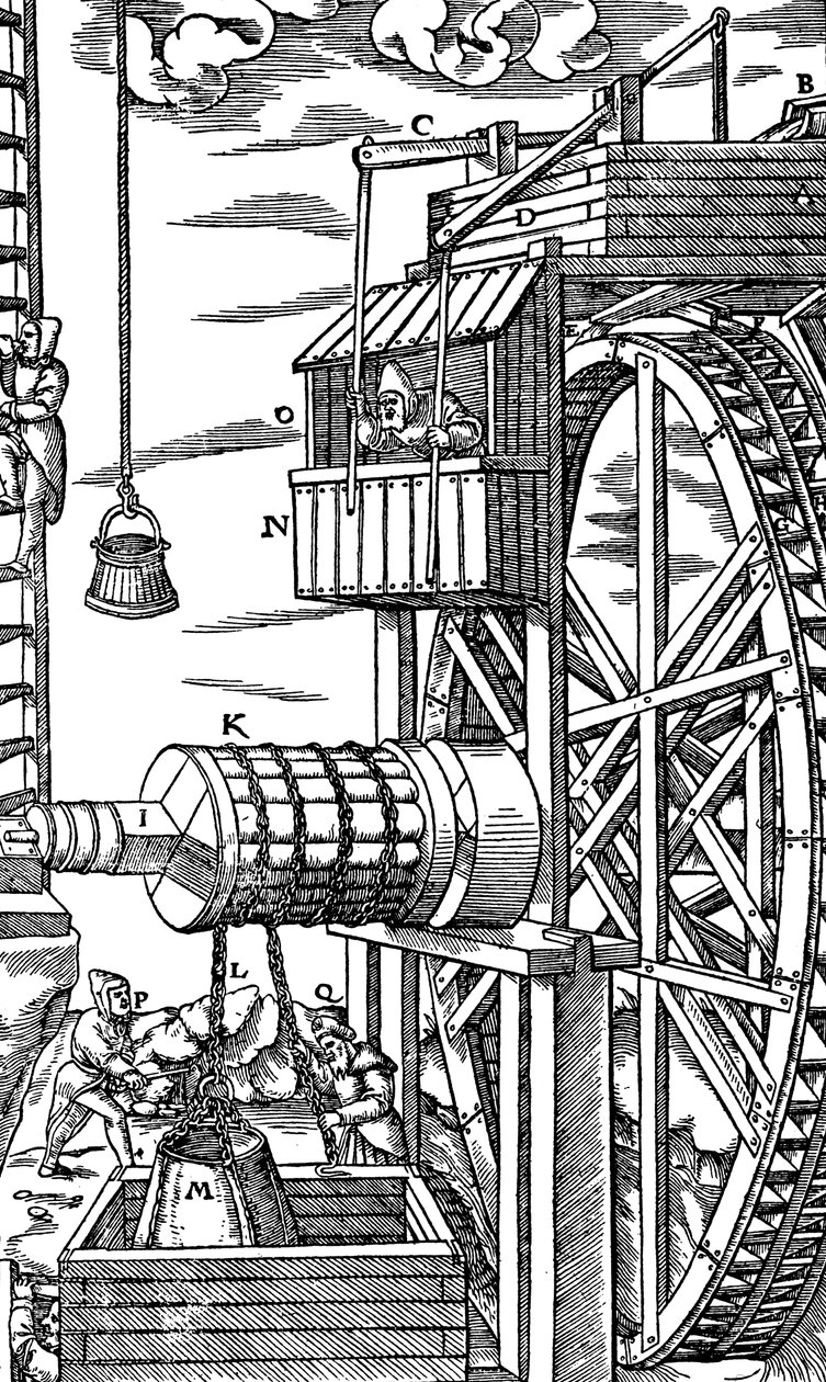 Oboustranný kladkostroj pro zvedání kožených kbelíků z důlní šachty, 1556 od Unbekannt
