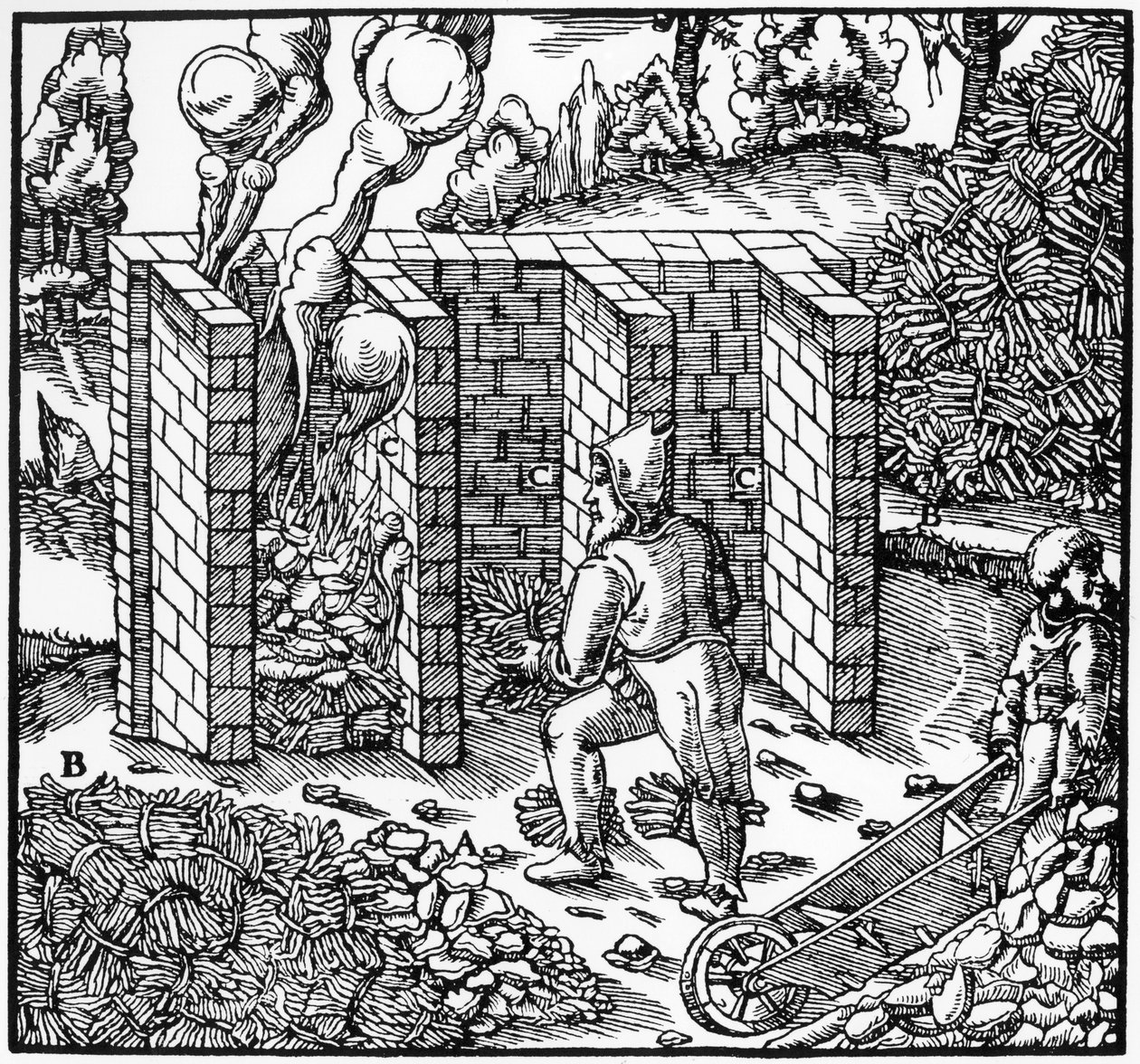 Pražení měděné rudy v peci při C, 1556 od Unbekannt