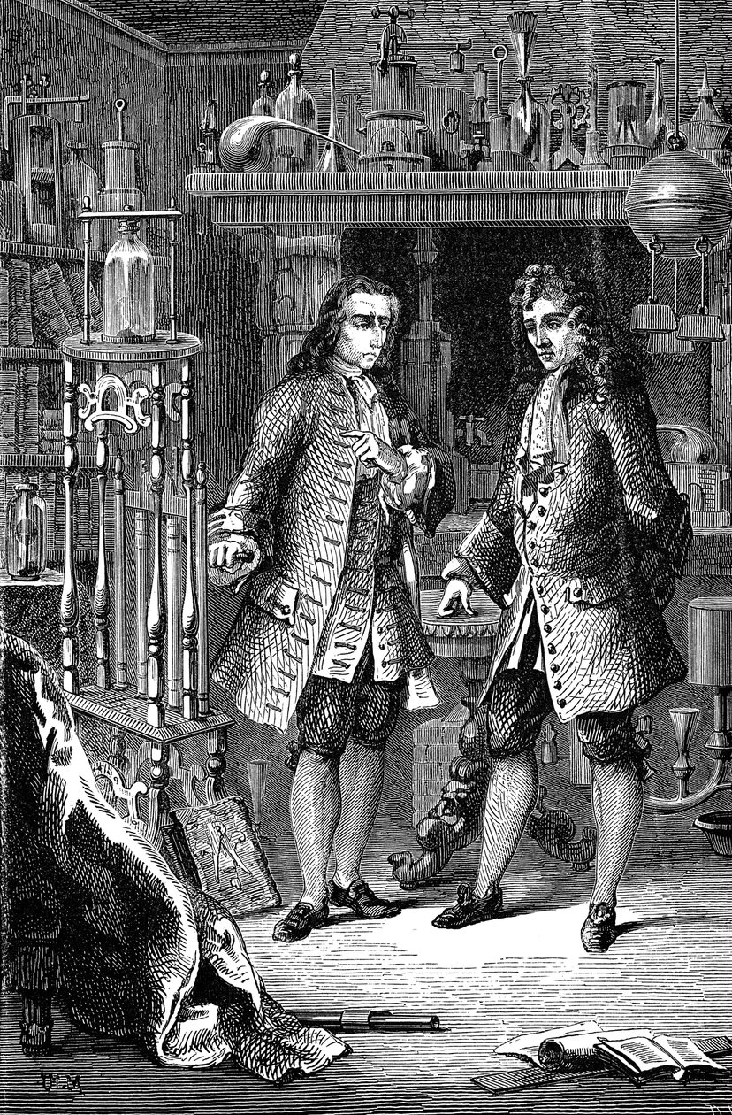 Robert Boyle, anglo-irský chemik a fyzik a Denis Papin, francouzský fyzik, 1870 od Unbekannt