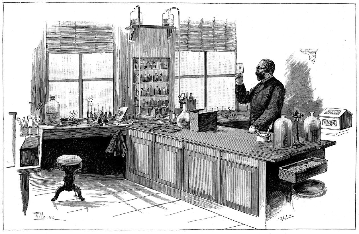 Robert Koch 1843-1910, německý bakteriolog a lékař ve své laboratoři od Unbekannt
