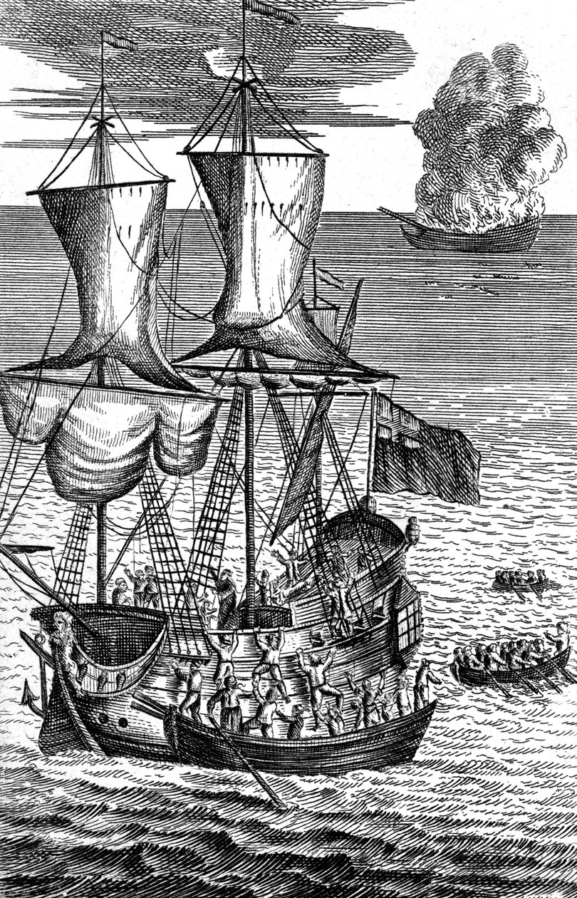 Robinson Crusoe zachraňuje posádku lodi v plamenech na moři, c1719 od Unbekannt