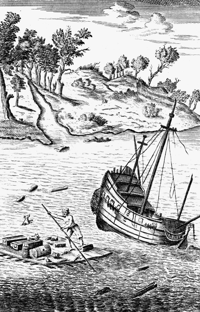 Robinson Crusoe zachraňuje své zboží z vraku lodi, c1719 od Unbekannt