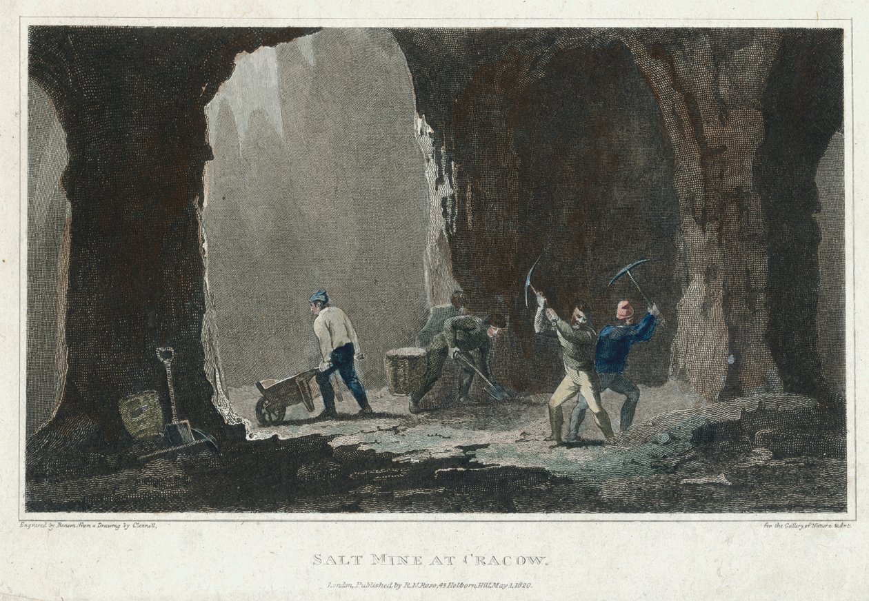 Kamenná sůl: Horníci při práci v solném dole poblíž Krakova, Polsko, c1820 od Unbekannt