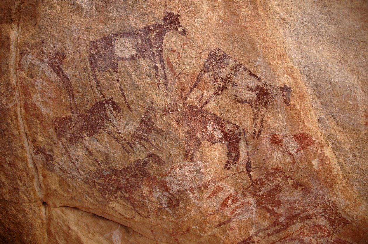 Skalní umění, Prehistorie: Malba skupiny dobytka a postav ve zdobeném přístřešku v masivu Uweinat v Súdánu (Karkur-Talh nebo Karkur Talh). Období od 8000 do 3000 let před naším letopočtem. Fotografování od Unbekannt
