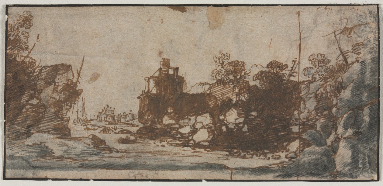 Skalnatá zátoka s loděmi a budovami recto, Sketches of Castles verso, 1600s. od Unbekannt