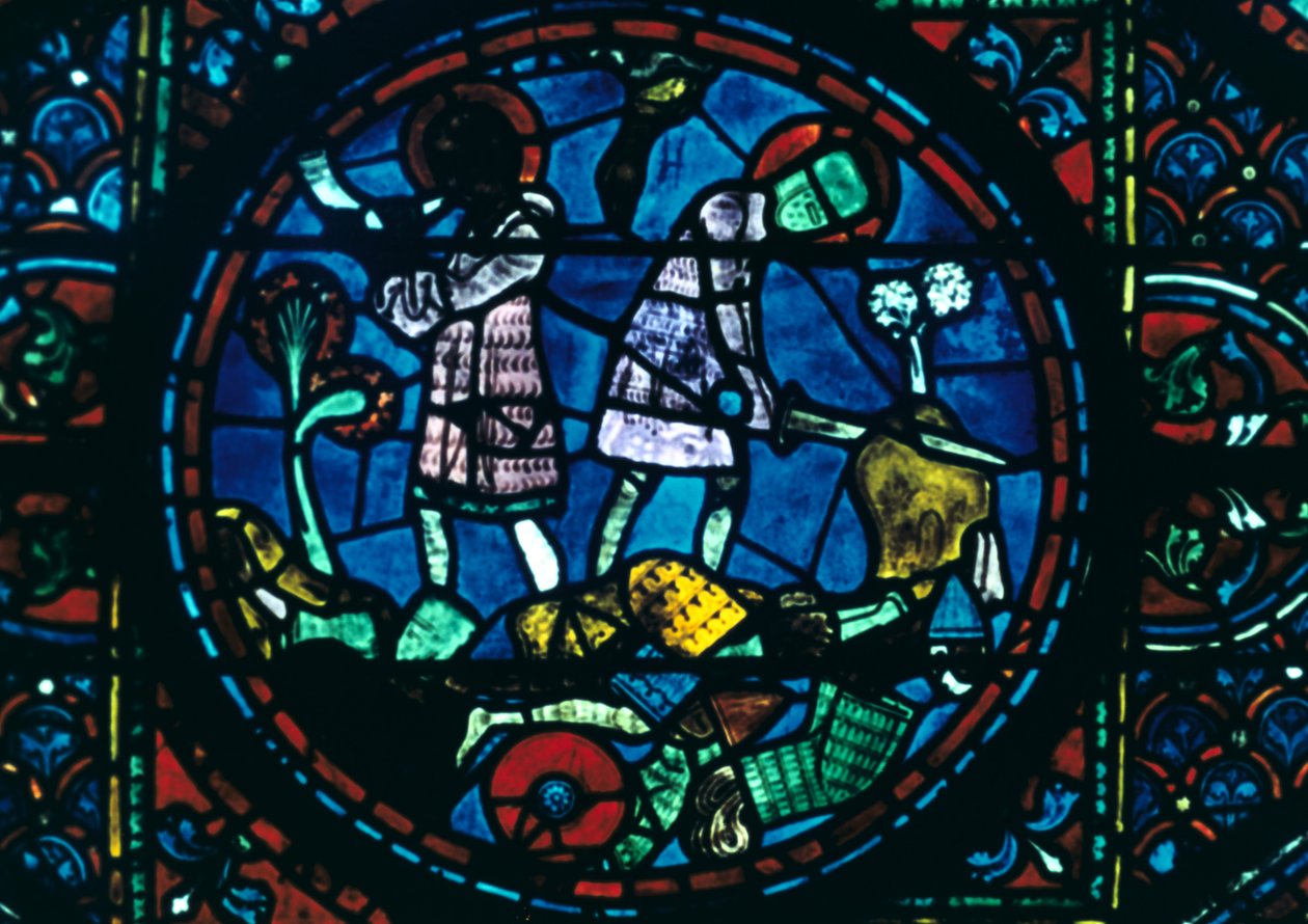 Roland zlomí svůj meč a zatroubí na roh, barevné sklo, katedrála v Chartres, Francie, 1194-1260 od Unbekannt