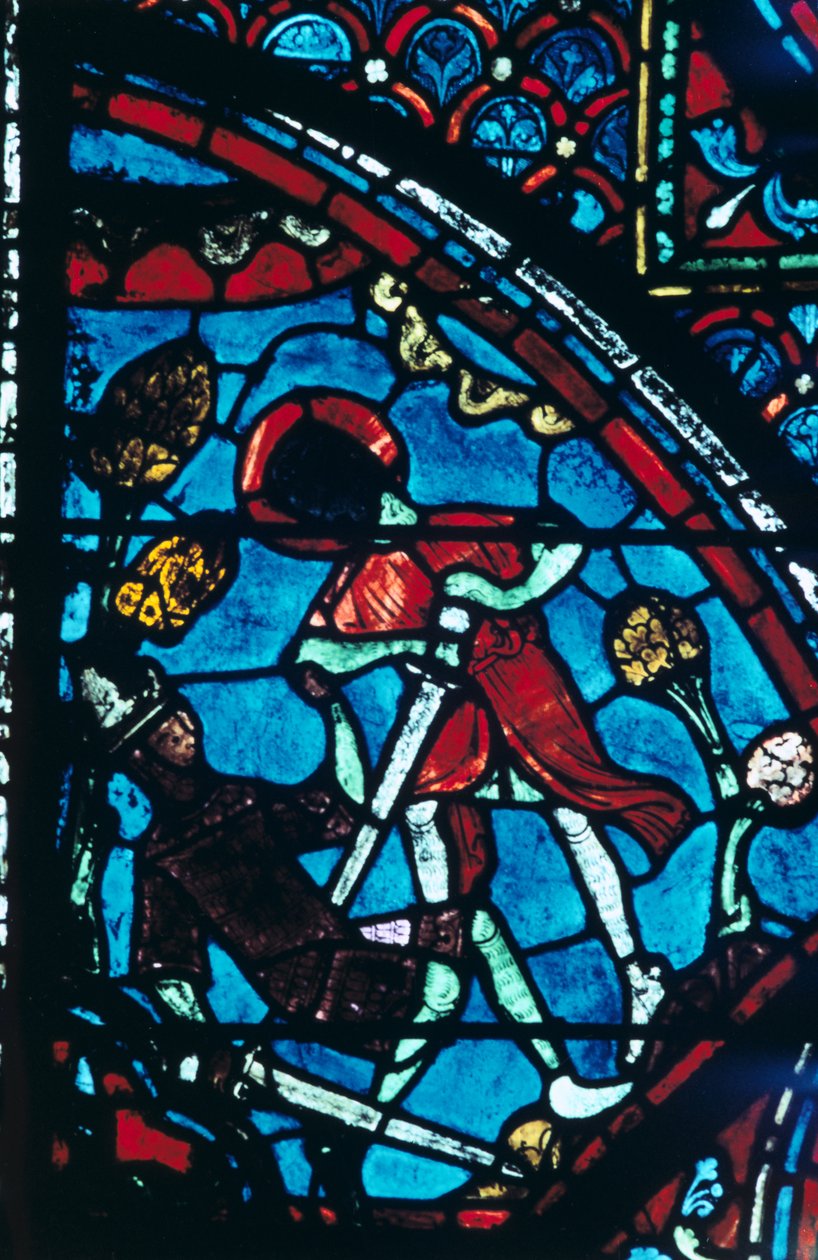 Roland propíchne obří Ferragut v pupku, barevné sklo, katedrála v Chartres, 1194-1260 od Unbekannt