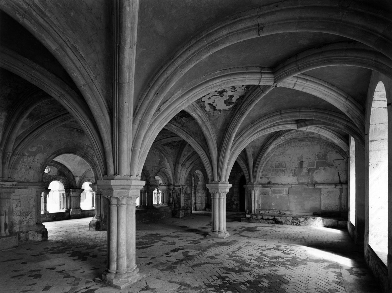 Románská architektura: pohled na kapitulní síň cisterského opatství Fontenay založeného v roce 1118 (Cote d