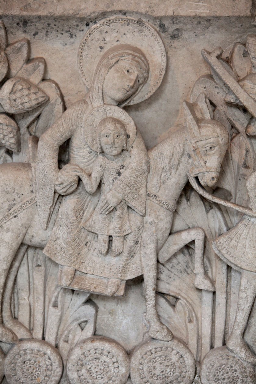 Románský basreliéf z hlavního města v katedrále Autun zobrazující Útěk do Egypta, Autun, Francie od Unbekannt