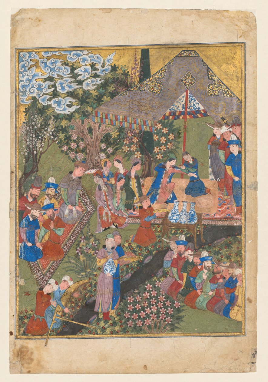 Královská hostina v zahradě, strana pravého folia z dvoulistového frontispisu..., c. 1440. od Unbekannt