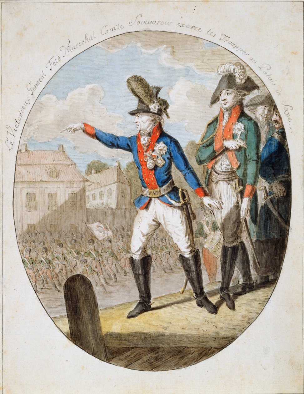Ruský polní maršál Alexander Suvorov inspekce vojsk, c1794 od Unbekannt