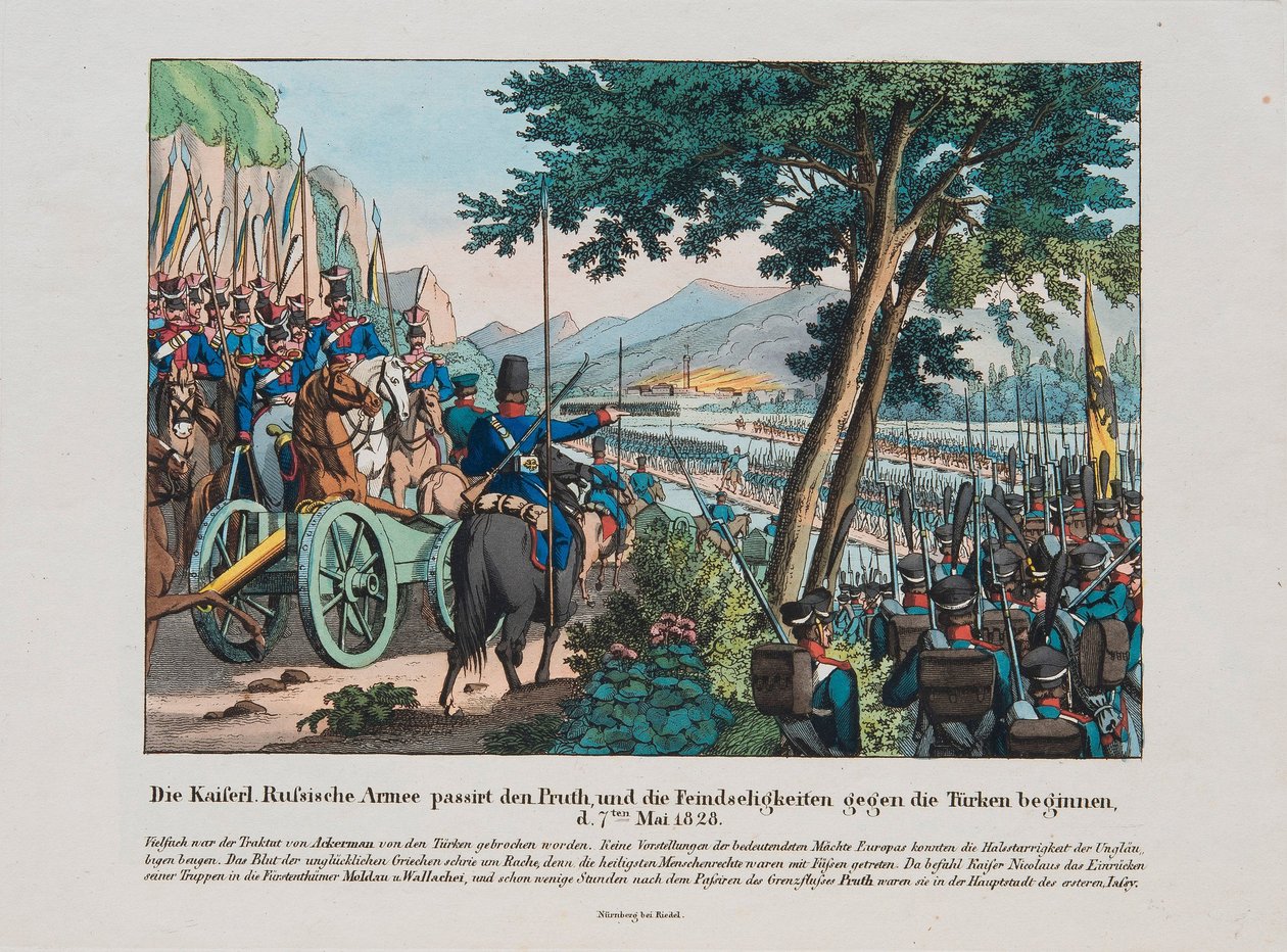 Ruská armáda překračuje řeku Pruth do Moldávie v květnu 1828, c. 1830 od Unbekannt