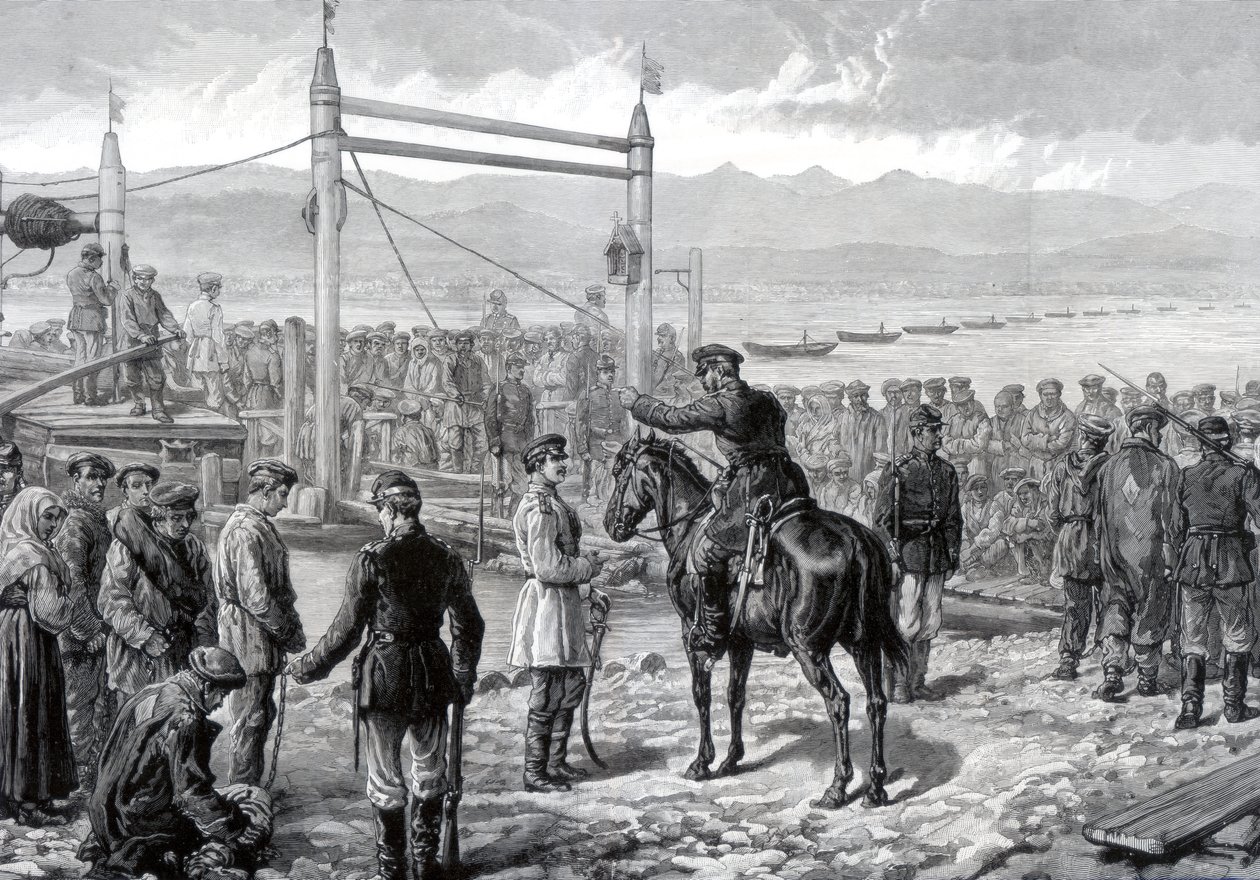 Ruští trestanci pod vojenským doprovodem čekající na převoz přes řeku Jenisej, Sibiř, 1882 od Unbekannt