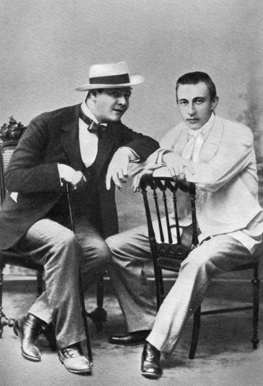 Ruský operní pěvec Feodor Chaliapin se skladatelem a klavíristou Sergejem Rachmaninovem, c1890 od Unbekannt