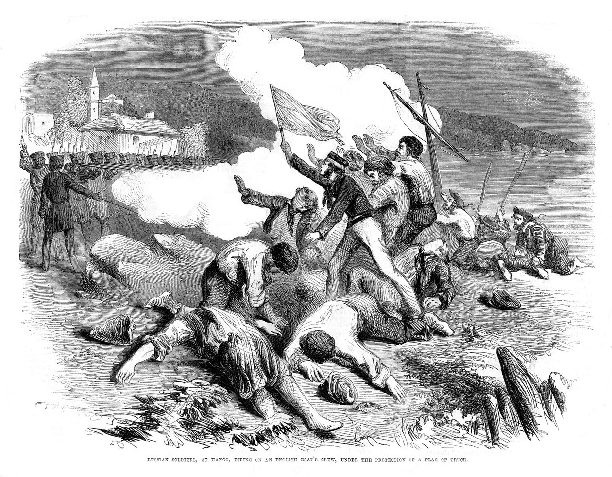 Ruští vojáci střílející na posádku anglických člunů, pod ochranou vlajky příměří, 1855 od Unbekannt