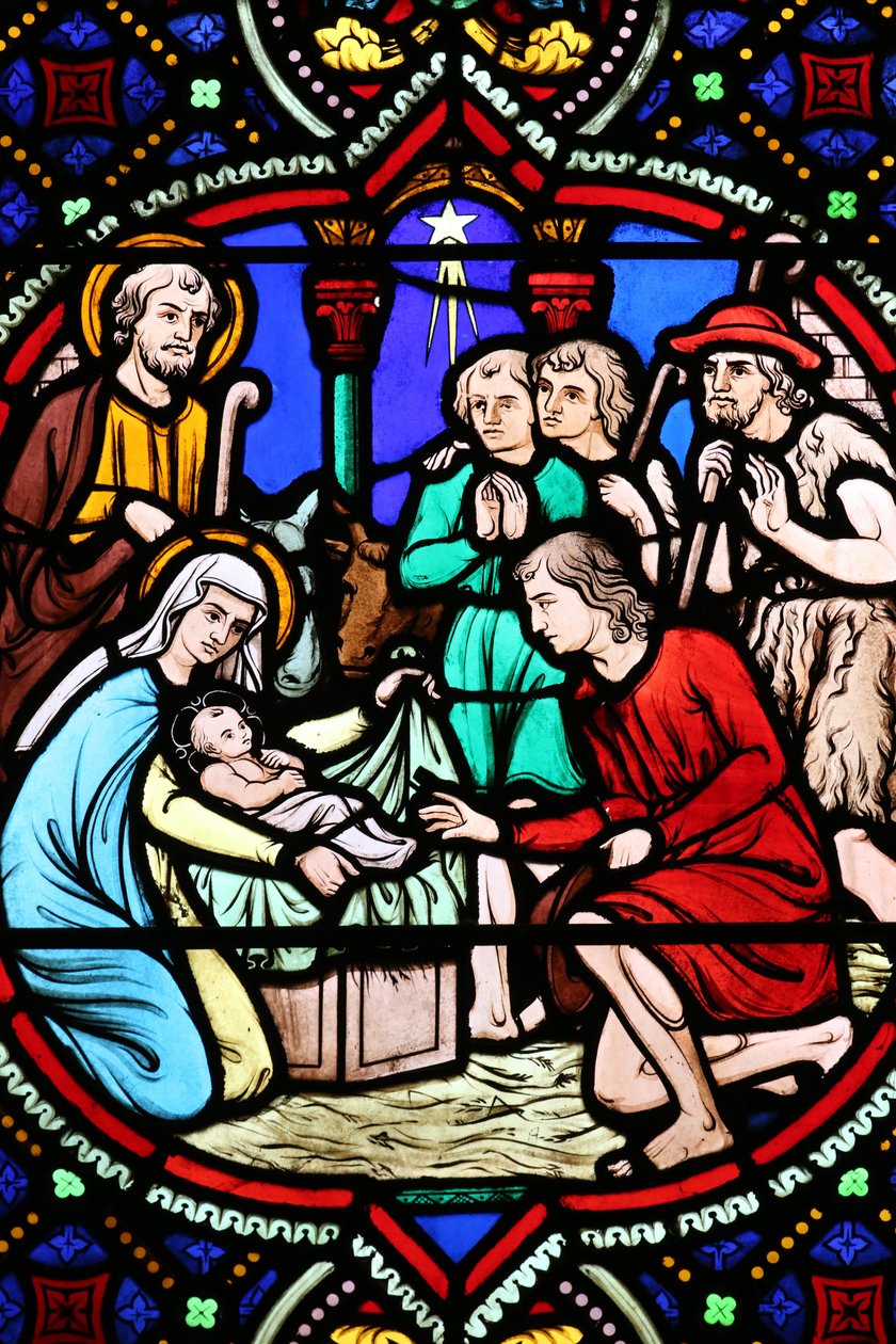 Kostel Nejsvětějšího srdce. Vitráž. Narození Páně. Adoration of the Shepherds, 20160604, Moulins, Francie od Unbekannt