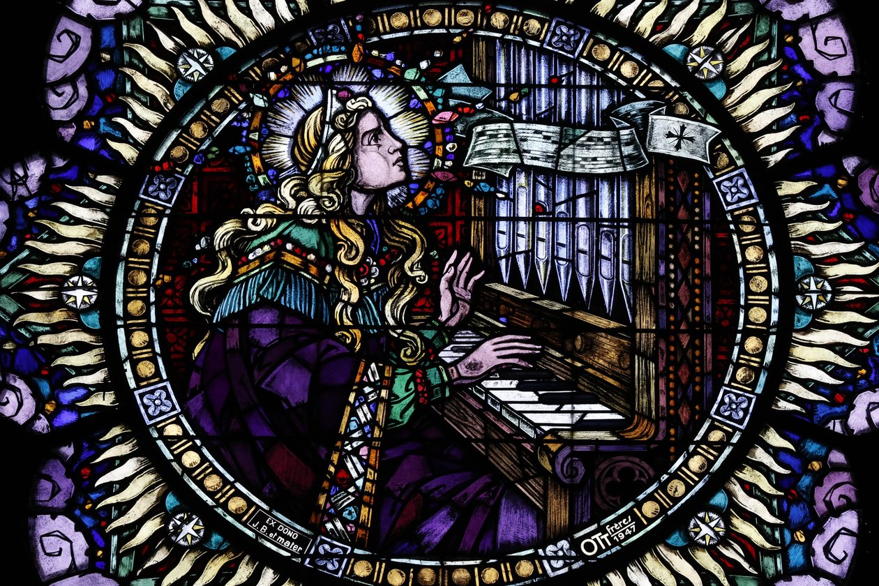 Svatý Petr mladší katolický kostel. Růžové okno. Sancta Cecilia, patronka hudebníků. Štrasburk. Francie. od Unbekannt