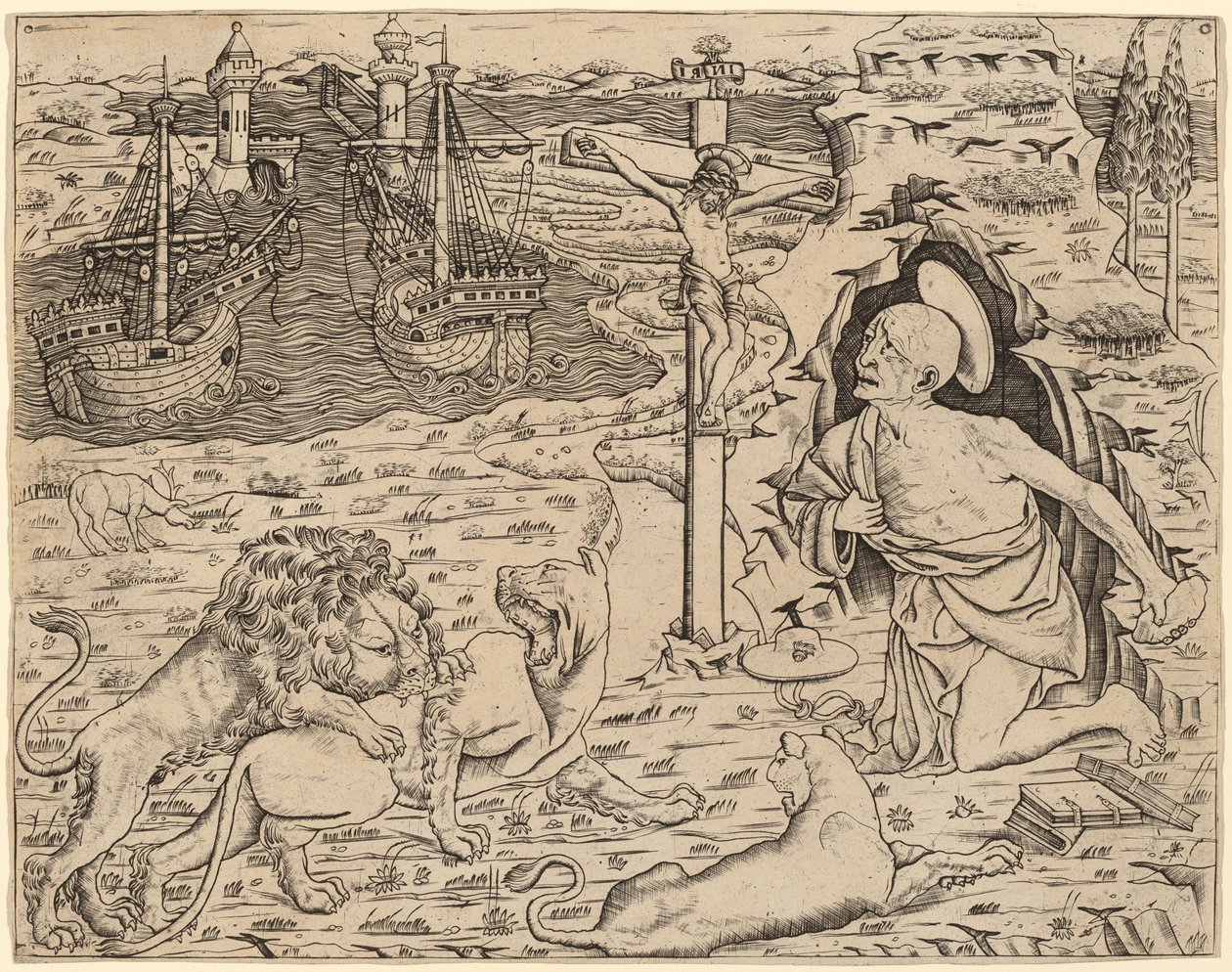 Svatý Jeroným v pokání, se dvěma loděmi v přístavu, c. 14801500. od Unbekannt