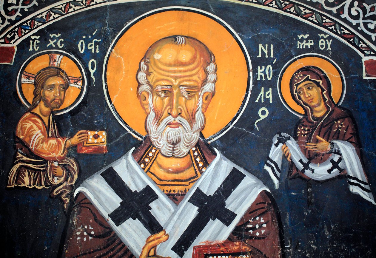 Svatý Mikuláš obklopuje Krista a Marii Byzantská freska ze 14. století (1332) Nathex, jižní stěna kostel Panny Marie Phorbiotissa, Asinou místo UNESCO Troodos region, Kypr od Unbekannt