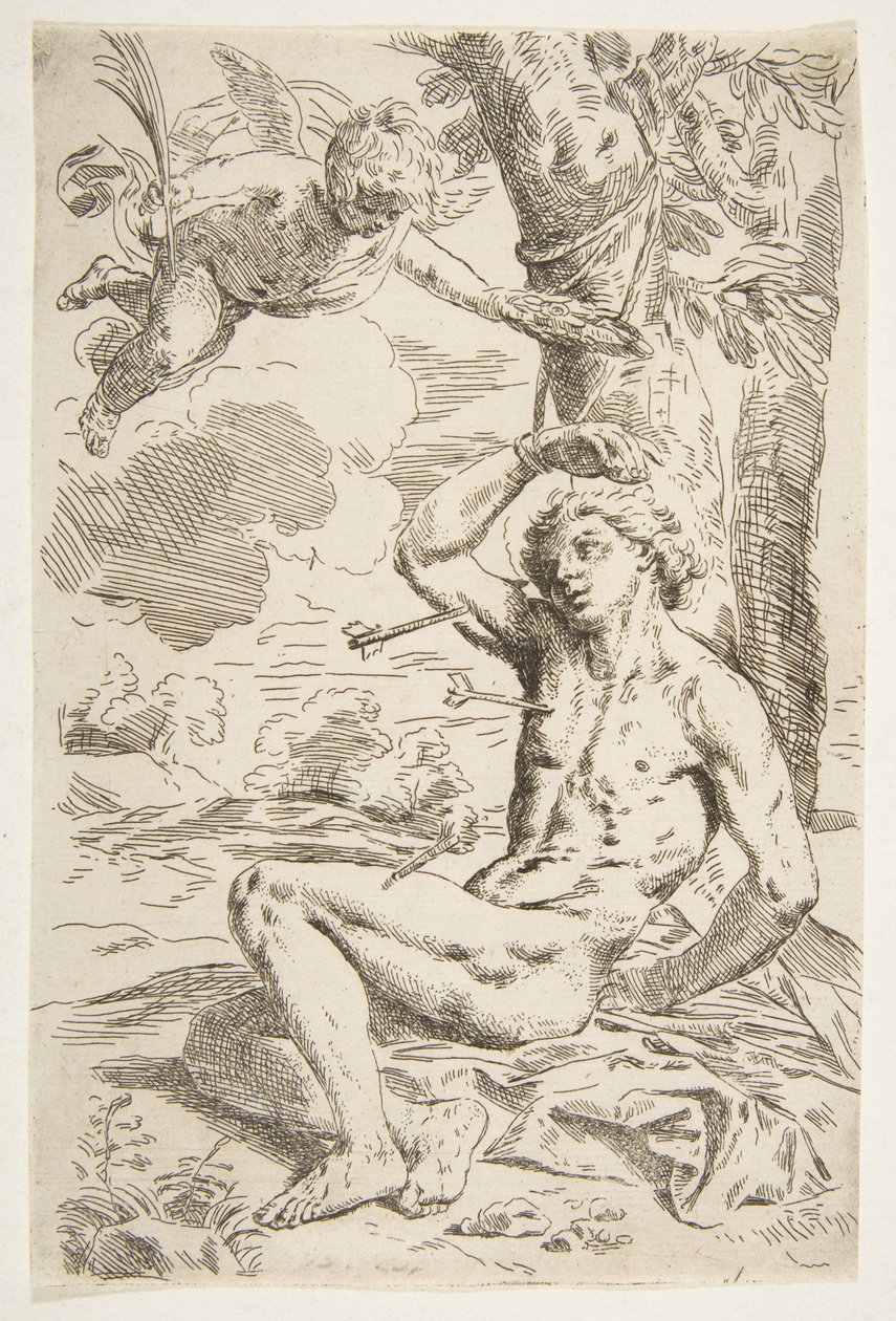 Svatý Sebastián probodnutý šípy a přivázaný ke stromu, kopie po Cantarini, ca. 1639 nebo později. od Unbekannt